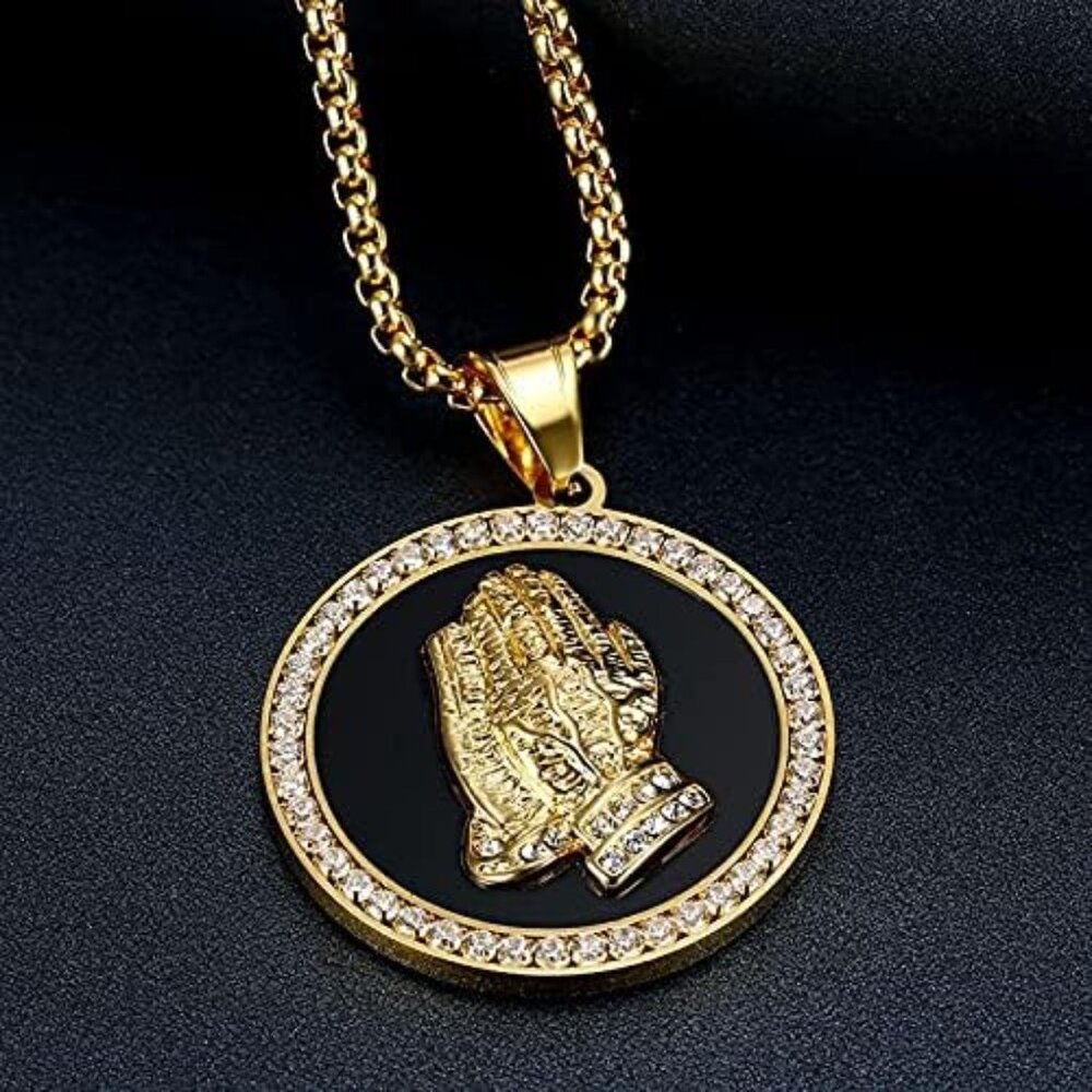 Hip Hop Iced Out Praying Hand Pendant With Mens Chain Gold Color Stainless Steel - Picture 4 of 4